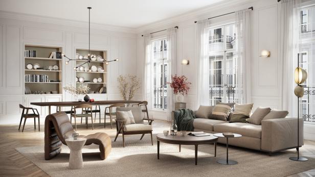Open-Concept Living and Dining Space with Contemporary Furniture
