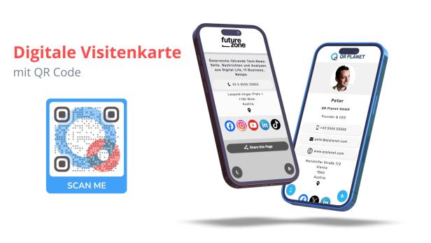 Zwei Handys, auf der eine digitale Visitenkarte zu sehen ist. Daneben ein QR-Code.