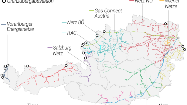 Das österreichische Gasnetz und die größten regionalen Netzbetreiber.