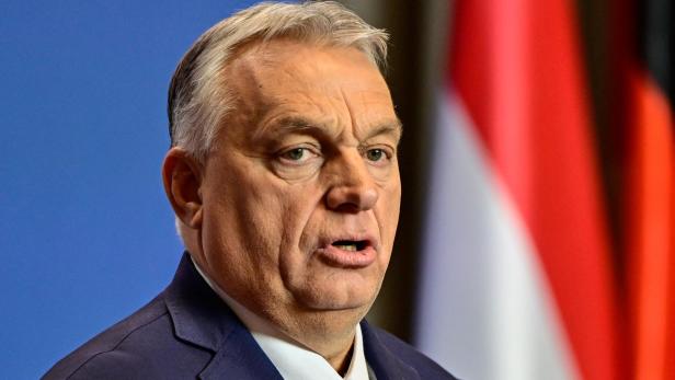 Viktor Orbán spricht vor der ungarischen Flagge.