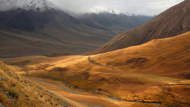 Eine Straße schlängelt sich durch eine goldene Hügellandschaft mit schneebedeckten Bergen im Hintergrund.