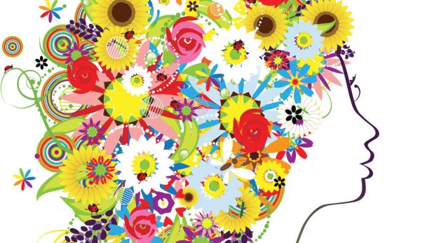 Female profile, floral hairstyle for your design Das Profil einer Frau, deren Haare aus einer Vielzahl von Blumen, Schmetterlingen und Marienkäfern bestehen.