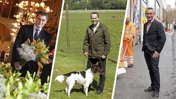 Blumen zum Abschied gibt es für alle: Weisgram (l.) und Thon (r.) erreichen bald das Pensionsalter,  Januskovecz bleibt Wiener Klimadirektor.