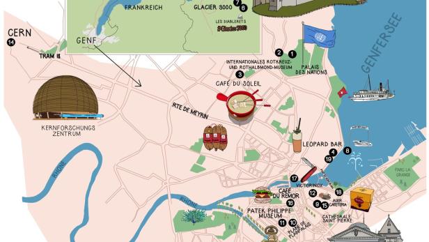 Eine illustrierte Karte von Genf und Umgebung mit Sehenswürdigkeiten wie dem CERN und dem Genfersee.