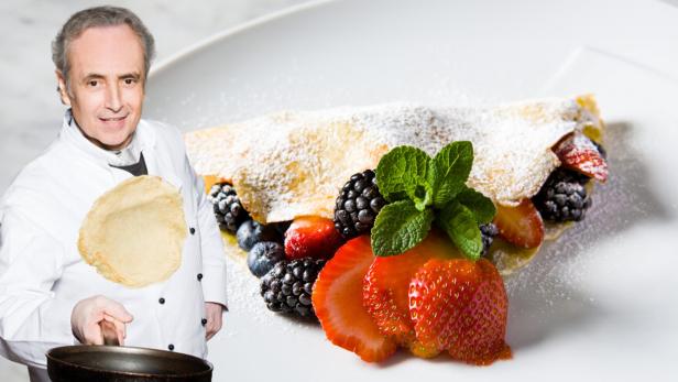José Carreras mit seinen Crêpes mit Creme und frischen Früchten