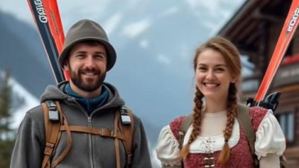Tiroler Pärchen von KI dargestellt Tiroler Pärchen mit Ski von KI dargestellt