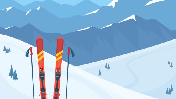 Red ski equipment at the ski resort. Ein guter Tag beginnt mit einem Tschindern