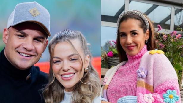 Warum haben Sarah Engels und Laura Maria Rypa Streit? Pietro Lombardi, Laura Maria Rypa und Sarah Engels posieren lachend für die Kamera