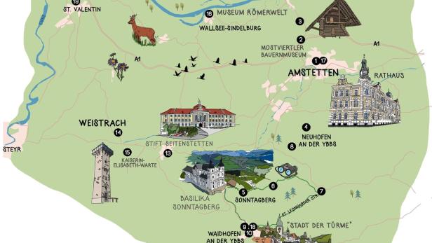 Eine illustrierte Karte der Region um Amstetten in Niederösterreich mit Sehenswürdigkeiten.