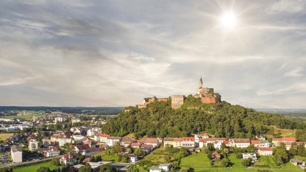 Eine große Burg thront auf einem bewaldeten Hügel über einer Stadt mit vielen Häusern bei sonnigem Wetter.