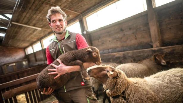 Axel Duensing hält ein Kalb in den Armen Axel Duensing hält ein Kalb in den Armen