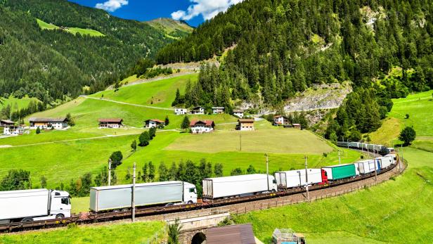 Trucks crossing the Alps by rail in Austria