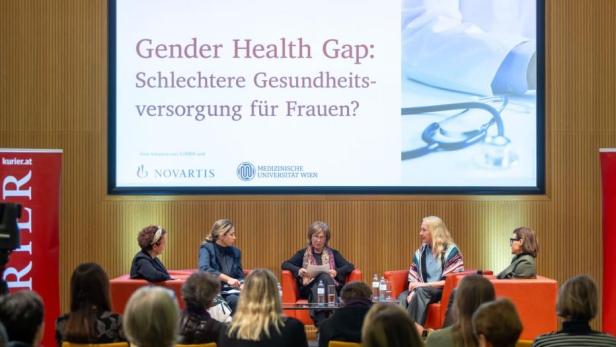 Ein Panel mit fünf Frauen auf einer Bühne. Hinter ihnen eine Leinwand, auf der "Gender Health Gap: Schlechtere Gesundheitsversorgung für Frauen?" steht. 