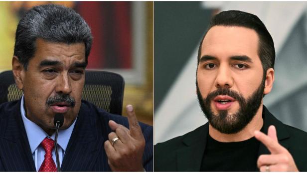 Ein Porträt von Maduro neben einem Porträt von Bukele
