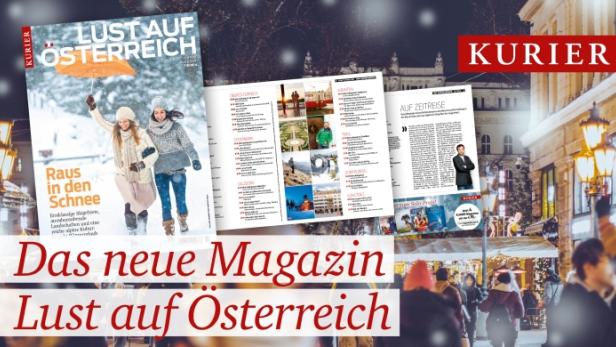Das Cover des Magazins „Lust auf Österreich“ zeigt zwei Frauen im Schnee.