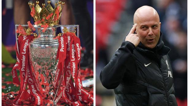 A combination picture shows the Premier League trophy and Liverpool manager Arne Slot ahead of Liverpool's match against Tottenham Hotspur on Sunday