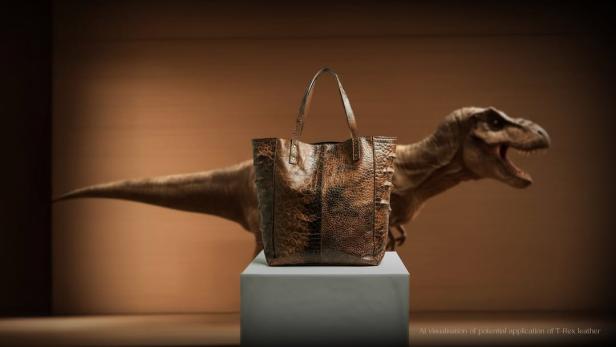 Ein mit KI erzeugtes Bild zeigt eine braune Lederhandtasche steht auf einem weißen Podest, dahinter steht eine T-Rex-Figur