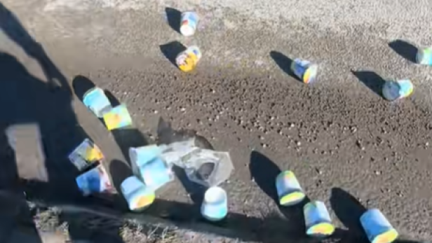 Dutzende "Ben & Jerry's"-Eisbecher von Lkw gefallen Etliche Becher "Ben & Jerry's"-Eiscreme liegen auf der Straße verteilt