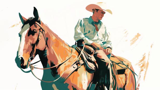 Ein Cowboy mit Hut reitet auf einem Pferd.