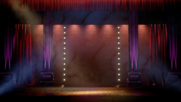 Dark empty stage with spot lights. Comedy, Standup, cabaret, night club stage 3d render Dark empty stage with spot lights. Comedy, Standup, cabaret, night club stage 3d render