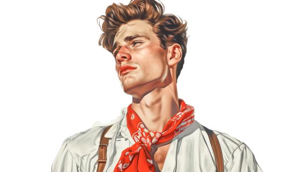 Ein junger Mann mit rotem Halstuch, Hosenträgern und weißem Hemd blickt nach oben.