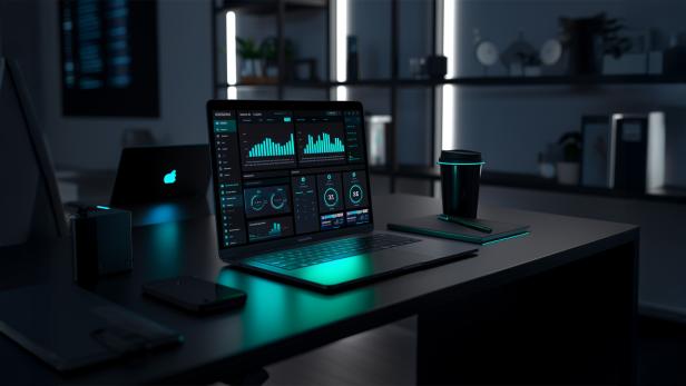Auf einem Schreibtisch liegt ein Laptop, der von einem blauen Licht erhellt wird.