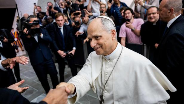 FILE PHOTO: Pope Leo XIV holds an audience with representatives of the media in Paul VI hall at the Vatican