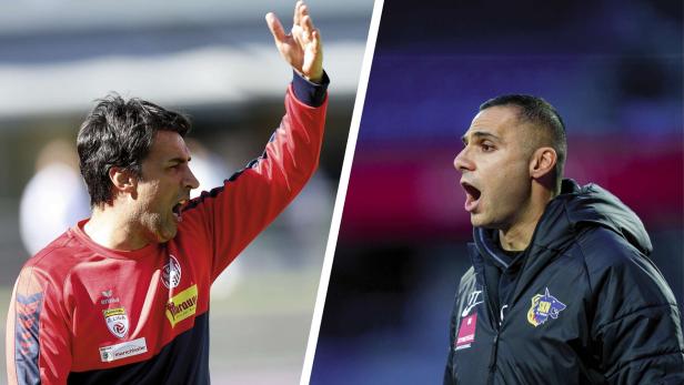 2 Aufsteiger in Liga 2: Kapfenberg-Trainer Atalan (l.) und Tanrivermis beim SKN