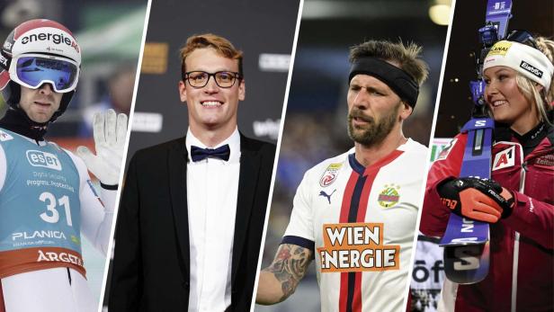 Eine Collage von vier österreichischen Sportlern: Skispringer, Schwimmer, Fußballspieler und Skirennläuferin.