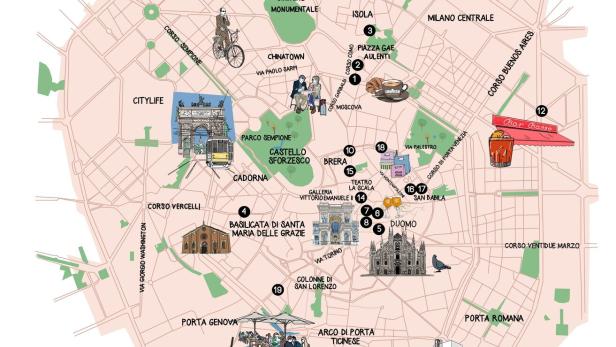 Eine Karte von Mailand mit Sehenswürdigkeiten und Stadtteilen.