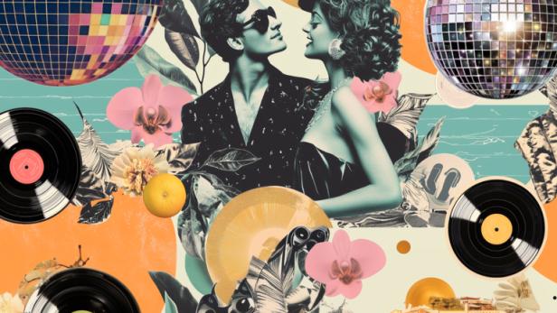Ein Paar im Retro-Stil, umgeben von Diskokugeln, Schallplatten und floralen Elementen.