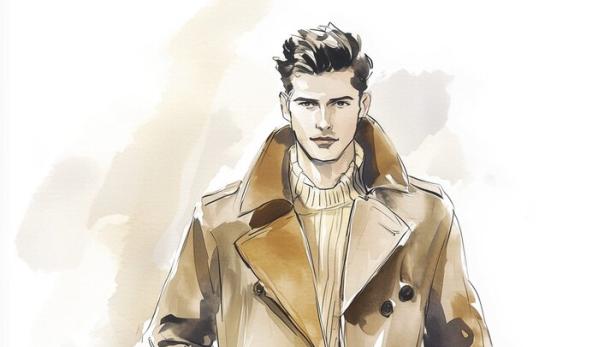 Ein Mann mit Trenchcoat und Pullover, gezeichnet im Aquarellstil.