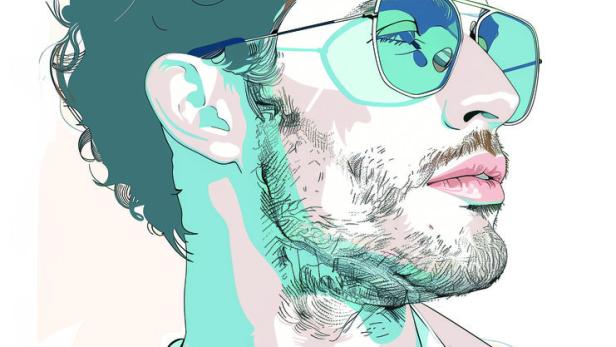 Eine stilisierte Illustration eines Mannes mit Bart und Sonnenbrille.