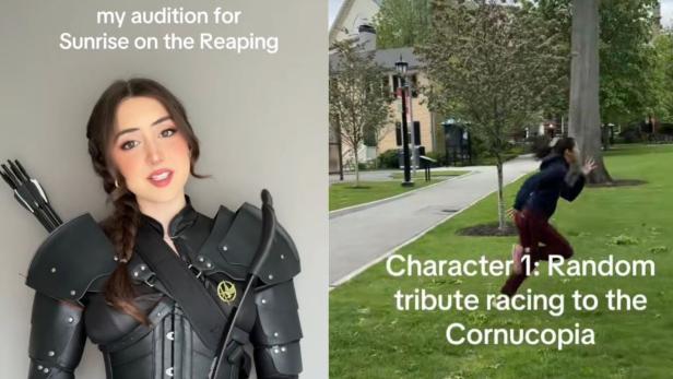 Auf TikTok sorgen gerade zahlreiche Bewerbungsvideos für Lacher. User möchten als Komparsen für den neuen "Die Tribute von Panem"-Film gecastet werden. Userin als Katnniss EVerdeen in schwarzem Kostüm verkleidet, daneben läuft eine Frau über eine Wiese