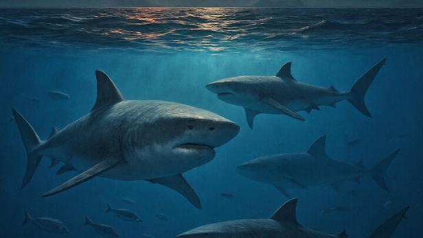 Eine Illustration zeigt Urhaie im Meer.