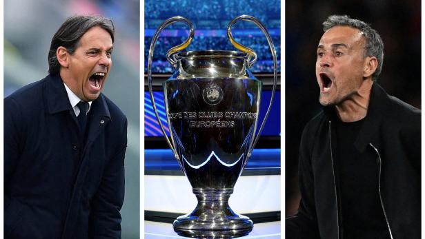 Eine Kombination zeigt Inter Mailands Trainer Simone Inzaghi, die Champions-League-Trophäe und Paris St Germains Trainer Luis Enrique vor dem Champions-League-Finale.
