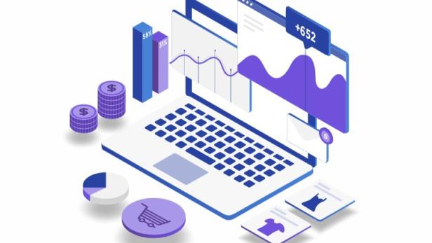 Illustration eines Laptops mit einem Diagramm und weiteren Bürogegenständen.