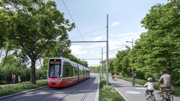 Straßenbahn und Radweg mit Radfahrern