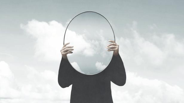 Illustration of woman in black holding a surreal mirror among clouds, surreal abstract concept