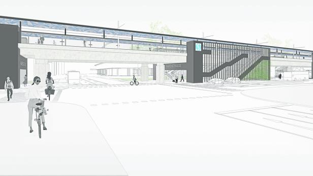 Eine Visualisierung der Regionalstadtbahn an der Hafenstrasse mit Radfahrern und Fußgängern.