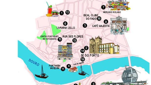 Eine illustrierte Karte von Porto, Portugal, mit Sehenswürdigkeiten wie dem Mercado Bolhao und der Livraria Lello.