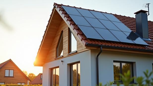 Ein Haus mit Solaranlagen auf dem Dach