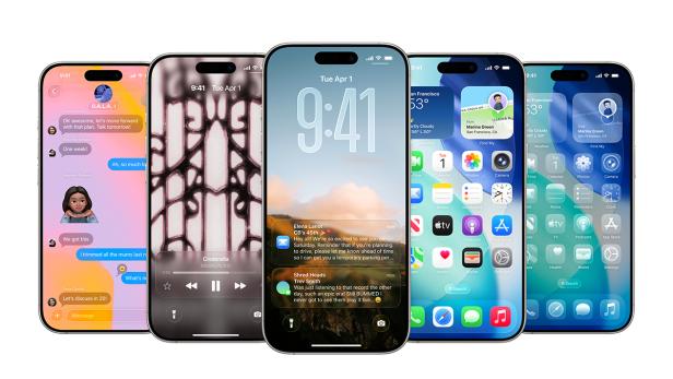 Fünf moderne Smartphones nebeneinander zeigen verschiedene bunte Benutzeroberflächen mit Apps, Nachrichten und Widgets.