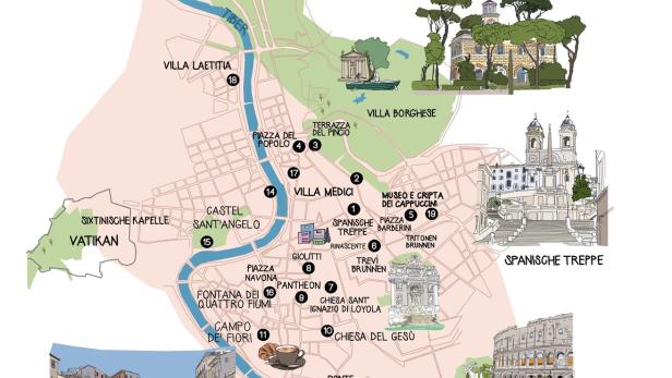 Eine illustrierte Karte von Rom mit Sehenswürdigkeiten wie dem Kolosseum und dem Vatikan.