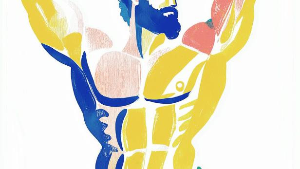 Eine stilisierte Darstellung eines muskulösen Mannes mit Bart und Tuch um die Hüften.