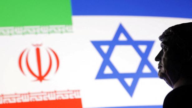Illustration shows 3D printed miniature model of U.S. President Donald Trump, Israel and Iran flags