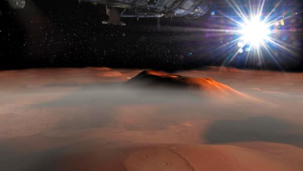 Spaceship on the orbit above Mars surface on the background. Elements of this image furnished by NASA.