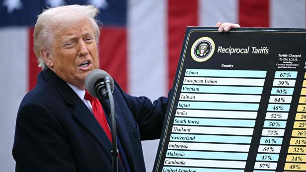 FILES-US-TRADE-TARIFF-COURT Donald Trump und seine Zolltafel am "Befreiungstag"