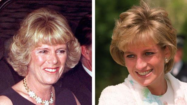 Ein Vergleichsbild von Camilla und Prinzessin Diana mit blonden, kurzen Haaren.