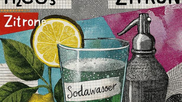 Eine Illustration von Sodawasser mit Zitrone und einer Siphonflasche.